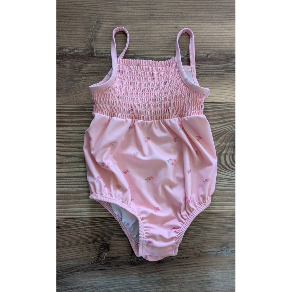 OshKosh B'gosh Girls 18M Pink Floral Smocked Snap Tank 1 Piece Swimsuit
